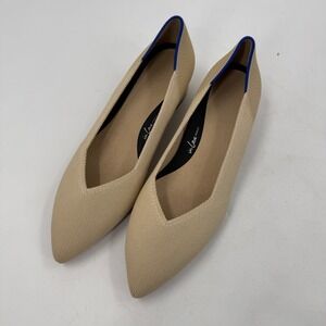 Rothy's The Block Heel Point Tan Knit Pumps Blue Trim Womens Size 9.5 NWOB